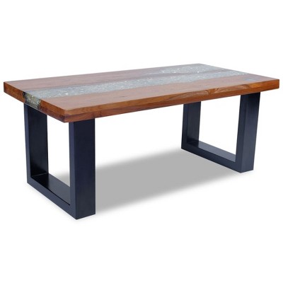 Rustic Teak and Mango Wood Coffee Table with Resin Inlay