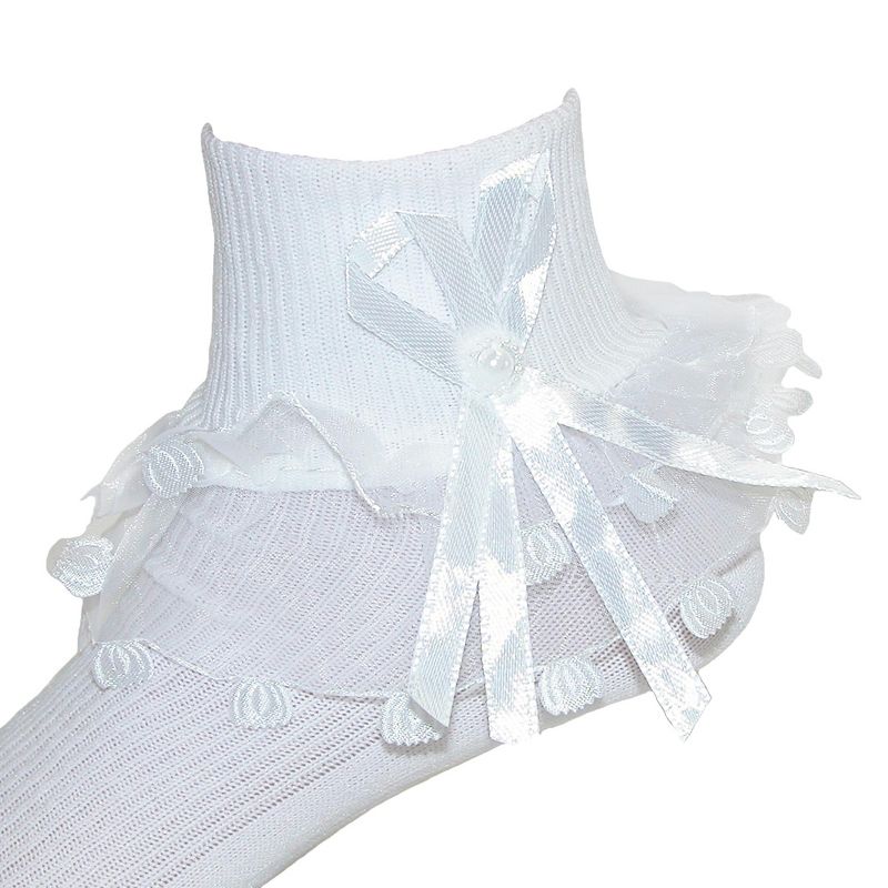 CTM Girls' Lace Ruffle Anklet Sock with Pearl Accent, 2 of 3
