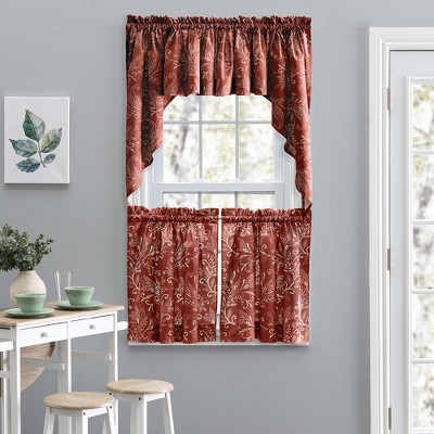 Brick Red Leaf Pattern Polyester Rod Pocket Valance