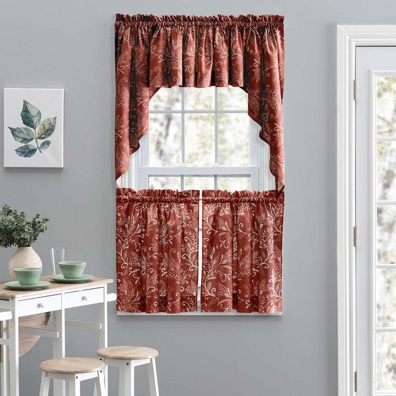 Ellis Curtain Lexington Leaf Pattern on Colored Ground Tailored Swags 56"x36" Brick, 2 of 5