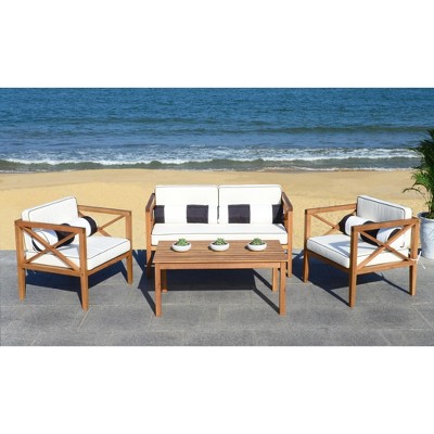 Nunzio Natural Teak Wood 4-Piece Outdoor Set with White Cushions