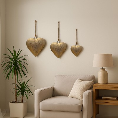 Royal Hampton Decorative Metal Heart Wall Decor Set of 3, Antique Gold Iron with Jute Hanging Rope, 12, 9.5, 7 Inches