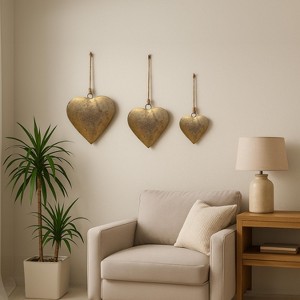Royal Hampton Decorative Metal Heart Wall Decor Set of 3, Antique Gold Iron with Jute Hanging Rope, 12, 9.5, 7 Inches - 1 of 4