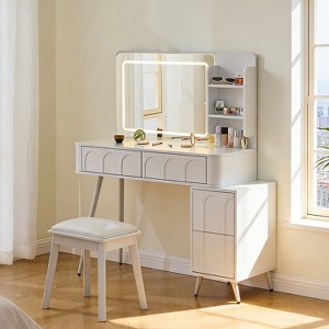 KTMBDW Modern Makeup Vanity Desk with Mirror and Lights, Dressing Table with 4 Drawers & Shelves for Bedroom, Makeup Table with Stool - 1 of 4