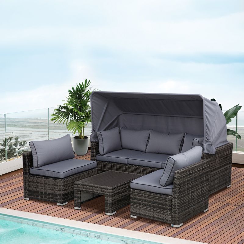 Outsunny Outdoor Daybed with Canopy, 4 Piece Sectional Patio Furniture Set, Cushions, Table Ottoman, PE Wicker Sofa Set & Convertible Sunbed, Gray, 4 of 10