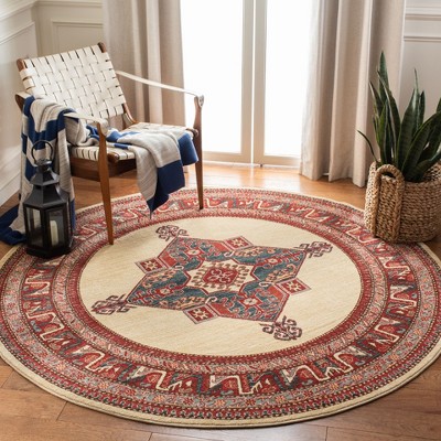 Round Cream and Red Synthetic Stain-Resistant Area Rug