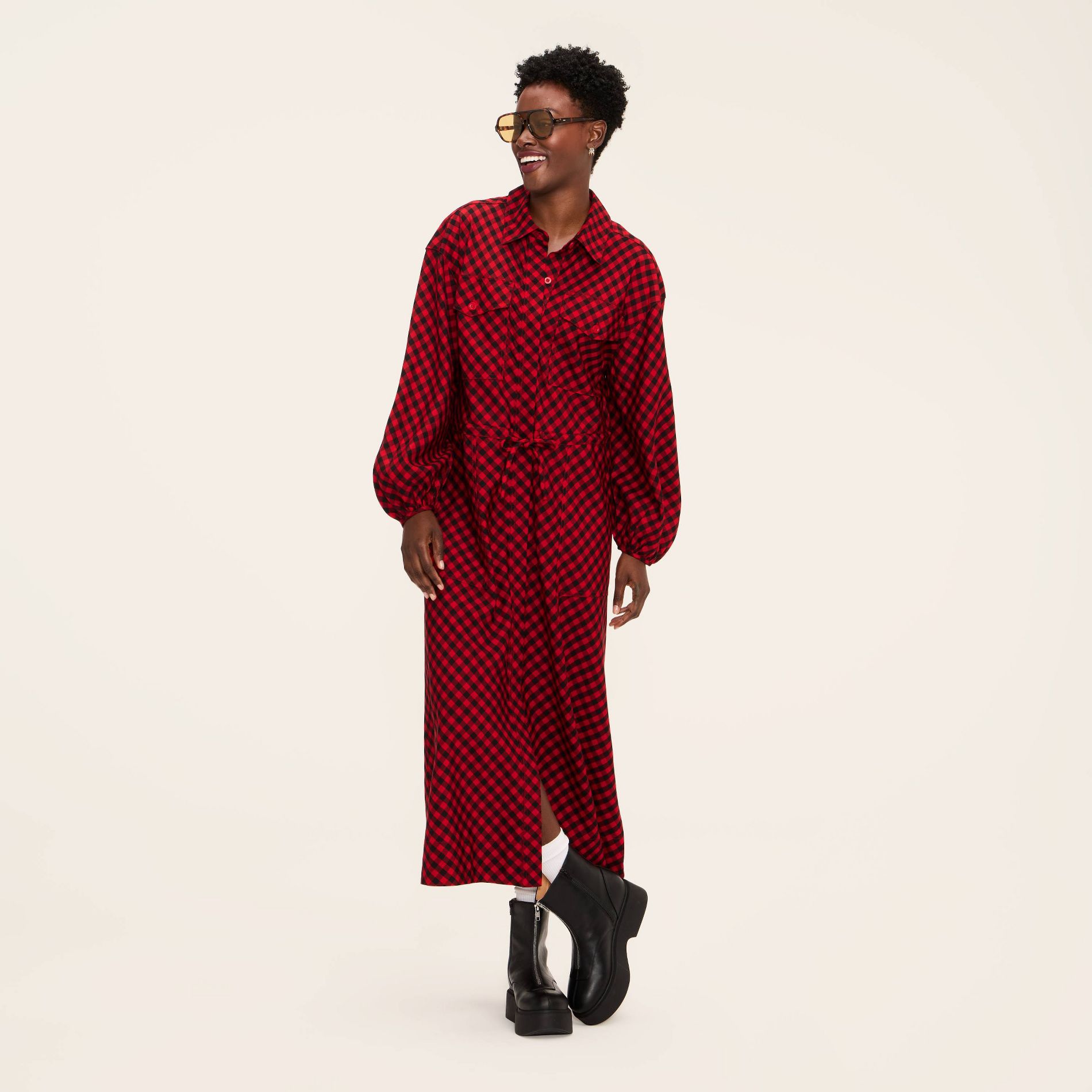 Women's Buffalo Check Long Sleeve Utility Midi Shirt Dress - Woolrich x Target Red/Black M