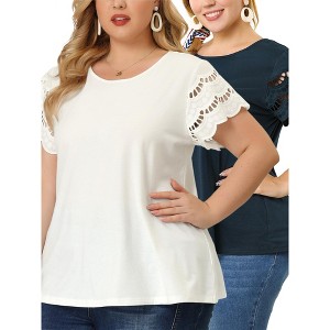 Agnes Orinda Women's Plus Size Crew Neck Lace Panel Short Sleeve Elegant Work Packs Blouses - 1 of 4