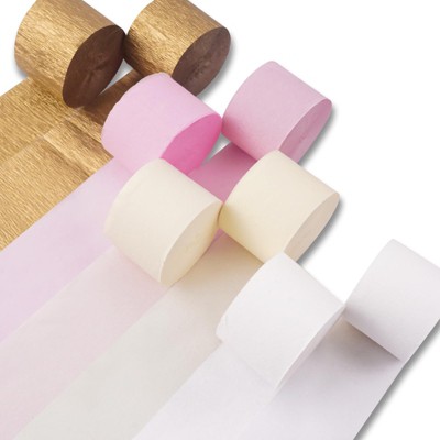 PartyWoo Crepe Paper Streamers Metallic Gold White Pink 8 Rolls 656 ft 1.8 Inch x 82 Ft Roll