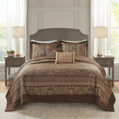 Brown Queen Reversible Jacquard Bedspread Set