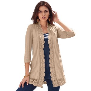 Roaman's Women's Plus Size Crochet Trim Pointelle Cardigan - 1 of 4