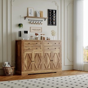55in Large Kitchen Storage Cabinet, Modern Farmhouse Wooden Coffee Bar Cupboard Buffet Sideboard Cabinet with 4 Doors 4 Drawers for Home - 1 of 4