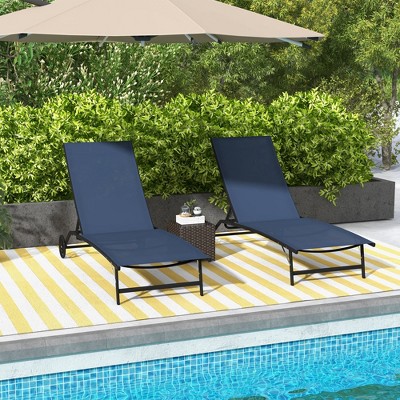 Dark Blue Adjustable Outdoor Chaise Lounge Chairs with Wheels