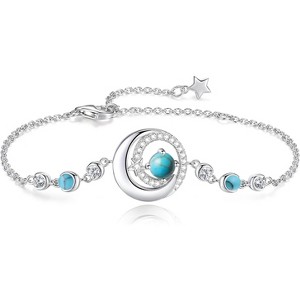 Moon & Star Birthstone Bangle, Sterling Silver Adjustable Charm Bracelet, Birthday Anniversary Christmas Gift for Women - 1 of 4