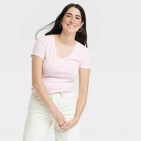 Women's Slim Fit Short Sleeve V-neck T-shirt - Universal Thread™ Light Pink  M : Target