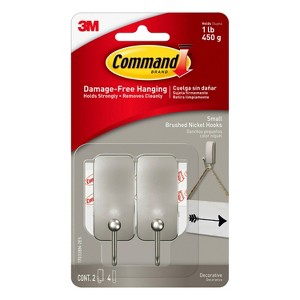 Command Small Brushed Nickel Hooks: Metal Wall Hooks, Decorative, Painted Finish, 0.5 lb Capacity, Set of 2 - 1 of 4