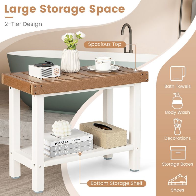 Costway 24" x 12" Heavy Duty Waterproof HDPE Shower Bench Stool with Storage Shelf White/Off White & Brown, 5 of 11