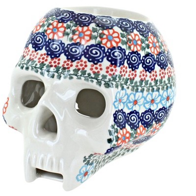 Blue Rose Polish Pottery Burnt Orange Halloween Skull