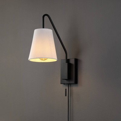 Globe Electric 1-Light Matte Black Swing Arm Plug-In or Hardwire Wall Sconce with White Fabric Shade: Adjustable, ETL Listed, Linen Shade, Metal Body