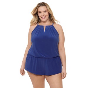 Aqua Green, Women's Keyhole Blouson Romper - 1 of 3