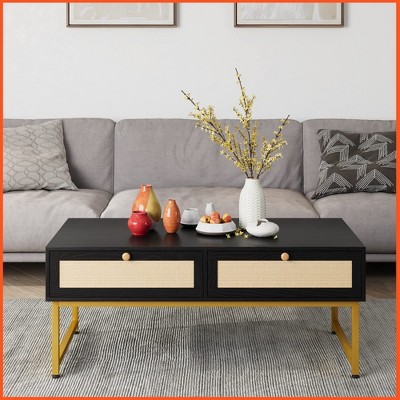 Homhougo Rattan Coffee Table with 2 Drawer 45.6'' Wood Coffee Table with Storage Boho Dining Table with Rattan Drawer