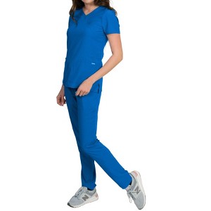 Medgear Celeste Women's Stretch Scrubs Cross Over Neckline Top and Slim Leg Pants - 1 of 4