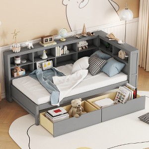 KTMBDW Daybed with 2 Drawers, Wooden Twin/Full Size Bed Frame with Storage Shelf and USB for Living Room, Bedroom and Guest Room - 1 of 4