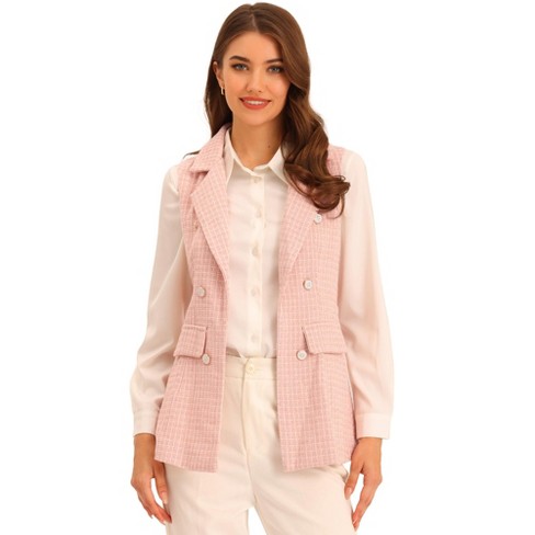 Allegra K Women's Vintage Tweed Vest Open Front Plaid Sleeveless Cardigan  Office Blazer Jacket Pink Small