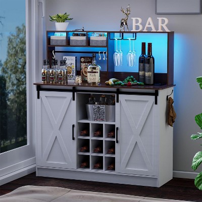 PAKASEPT 47'' Coffee Bar Cabinet with LED Lights & Sliding Barn Door & Wine and Glass Rack, Adjustable Shelf