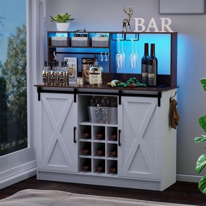 PAKASEPT 47'' Coffee Bar Cabinet with LED Lights & Sliding Barn Door & Wine and Glass Rack, Adjustable Shelf - 1 of 4