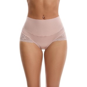 INSPIRE CHIC Women's Hi-Cut Satin High Waisted Lace Trimmed Tummy Control Underpants Briefs - 1 of 4