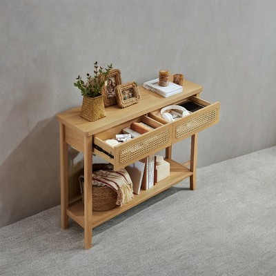 Oak Beige Particle Board Console Table with Storage Drawers