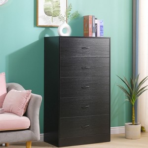 SUGIFT 5 Drawer Dresser, Modern Wood Chest of Drawers for Bedroom, Black - 1 of 4