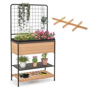 Tangkula Raised Wooden Garden Bed with Metal Trellis 59” Elevated Planter Box with Open Storage Shelves Removable Grid Divider - 1 of 4