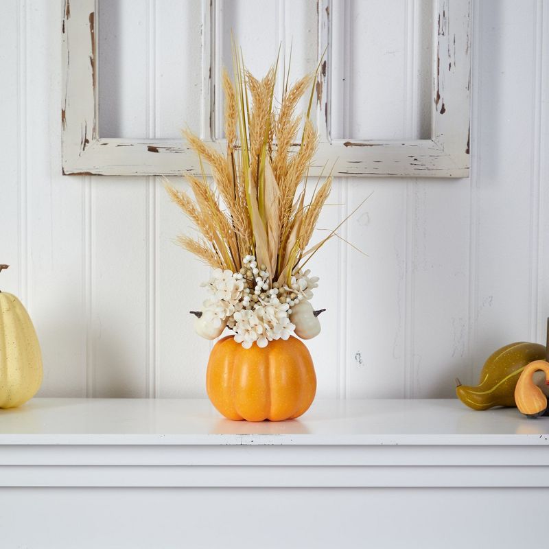 Nearly Natural 21-in Autumn Dried Wheat and Pumpkin Artificial Fall Arrangement in Decorative Pumpkin Vase, 4 of 6