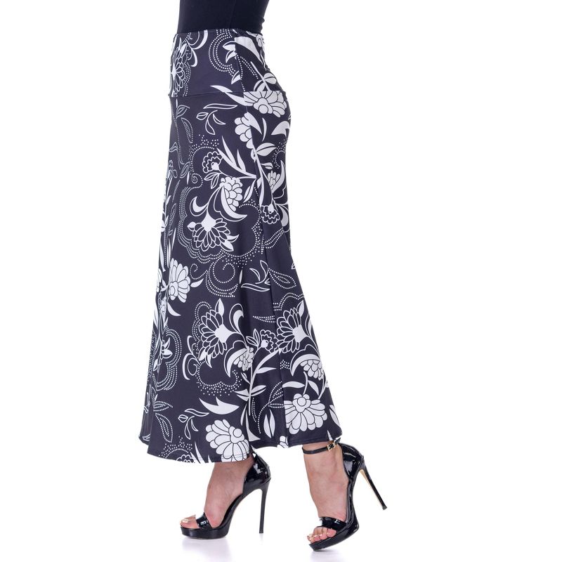 24seven Comfort Apparel Black and White Floral Elastic Waist Ankle Length Comfortable Maxi Skirt, 2 of 6