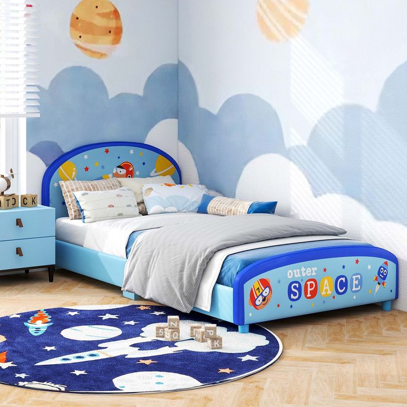 Honeyjoy Children Twin Size Upholstered Platform Single Bed with Headboard & Footboard Blue, 4 of 11