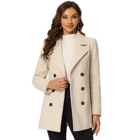 Allegra K Women's Long Sleeves Double Breasted Button Winter Outerwear Pea Coat Small Beige
