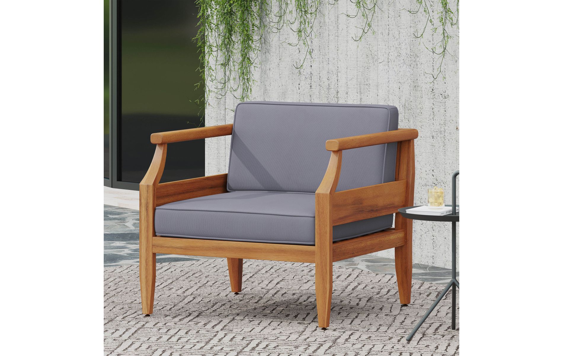 Acacia Wood Outdoor Club Chair, 30" Patio Lounge Seating with Open Slat Back & Gray Water-Resistant Cushion-3irtyhousy