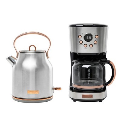 Haden Heritage 1.7 Liter Stainless Steel Electric Kettle Bundled with 12 Cup Drip Coffee Maker, Coffee Machine with Auto Shut-Off, Steel & Copper