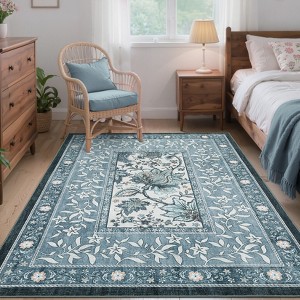 Washable Floral Print Living Room Bedroom Rugs, Vintage Farmhouse Indoor Floor Carpet, Non Slip Large Dining Room Rugs - 1 of 4