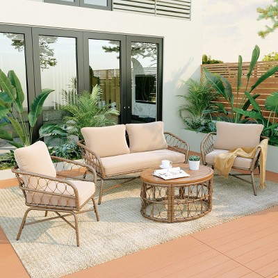 4 Person Garden Backyard Boho Wicker Lounge Set,4 Piece Wicker Patio Set,Cushions Outdoor Patio Conversation Sets with Coffee Table-Coolbibila