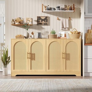 59” Sideboard Buffet Cabinet with 4 Rattan Doors, Modern Console Table Accent Coffee Bar Cabinet for Living Room, Kitchen, Dining Room - 1 of 4