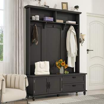 Modern Style Hall Tree with Storage Cabinet, 2 Large Drawers, Widen Mudroom Bench and 5 Coat Hooks, Black - ModernLuxe