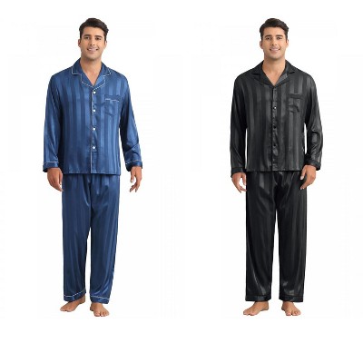 INSPIRE CHIC Men's 2 Pack Satin Pajamas Set Casual Long Sleeve Striped Button Sleepwear