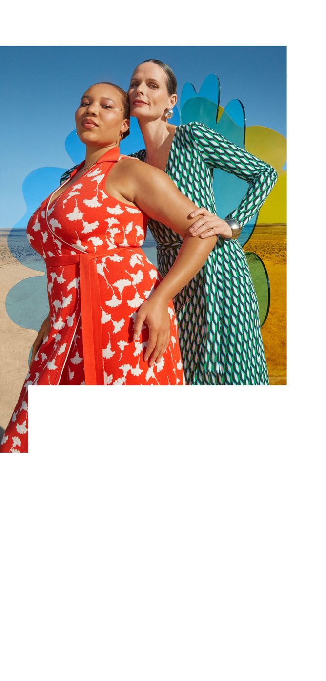Featuring 2 women in DVF signature wrap dresses – one sleeveless, coral and white floral; the other in long sleeve, green, teal & black geometric print.