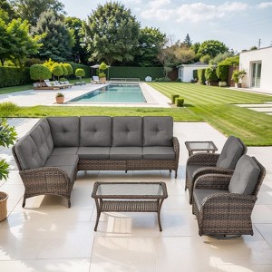 POCASSY 6 Piece Outdoor Sectional Furniture with Swivel Chairs, Brown Wicker L-Shape Sectional Corner Sofa Set with Deep Seat High Back Thick Cushion - 1 of 4