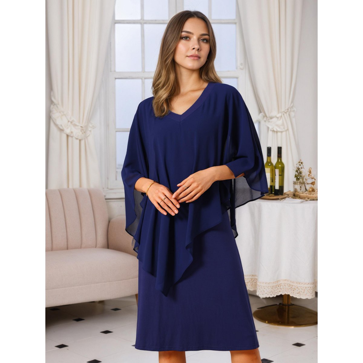 Женские платья INSPIRE CHIC Women's Chiffon Cape Overlay Bodycon 3/4 Sleeve V Neck Pencil Dress Medium Dark Blue — фото 2