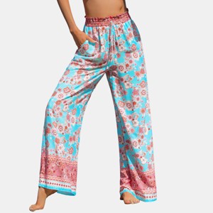 Women's Vibrant Floral Print Beach Pants with Smocked Waistband - Cupshe - 1 of 4