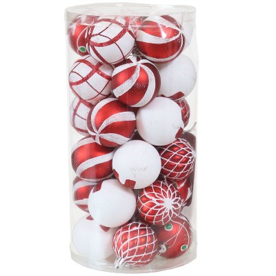 Sunnydaze Indoor Christmas Holiday Tree Shatterproof Glitter Ball Ornaments with Hooks - 2" - Red and White - 30pc